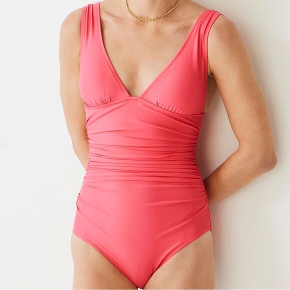 NWT J Crew Pink Ruched V Neck One Piece Swimsuit Beach Barbie Classic Size 10 - Picture 2 of 7